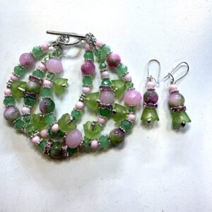 Pink and Green Agate and Tulip Multi-Strand Bracelet & Earrings Set