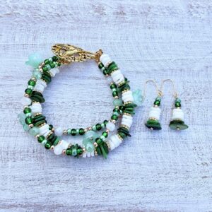 Green and White Shell Tulip Gold-Tone Multi-strand Bracelet & Earrings Set