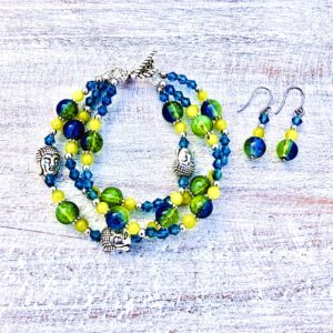 Buddha Green and Blue Glass Multi-Strand Bracelet & Earrings Set