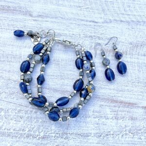 Blue Sodalite and Navy Glass Multi-Strand Bracelet & Earrings Set