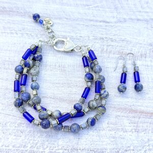 Blue Sodalite and Royal Blue Tube Glass Multi-Strand Bracelet & Earrings Set