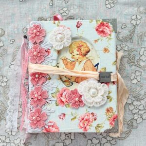 Baby Girl Junk Journal, Vintage-Inspired Memory Book with Floral Fabric Cover, Handmade Baby Shower Gift